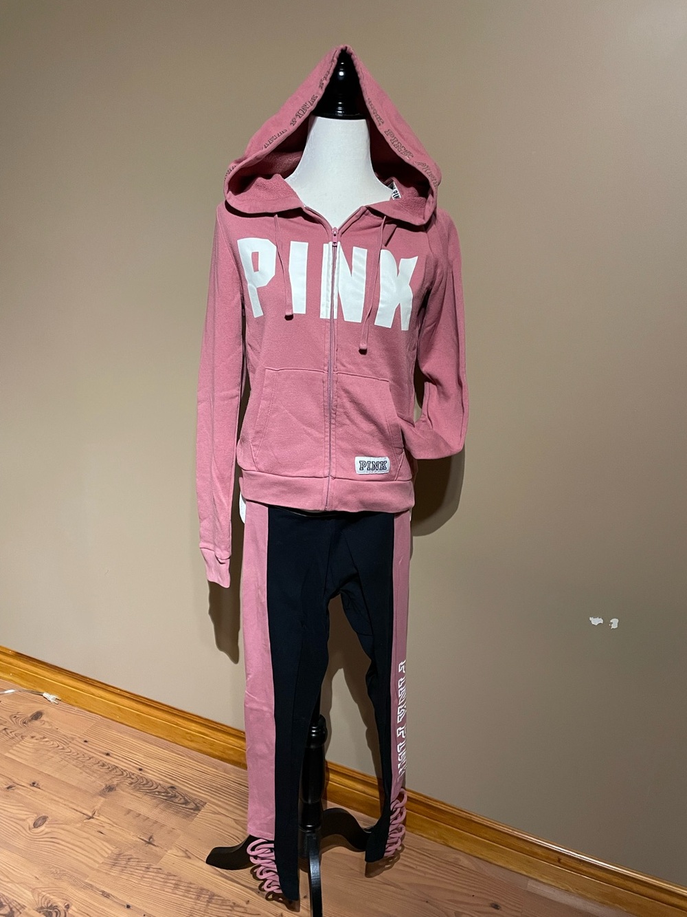 PINK Victoria's Secret Black and Pink Striped Leggings with Zippered Hoodie